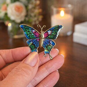 Vintage Enamel Butterfly Brooch Colorful Gold Tone Statement Pin